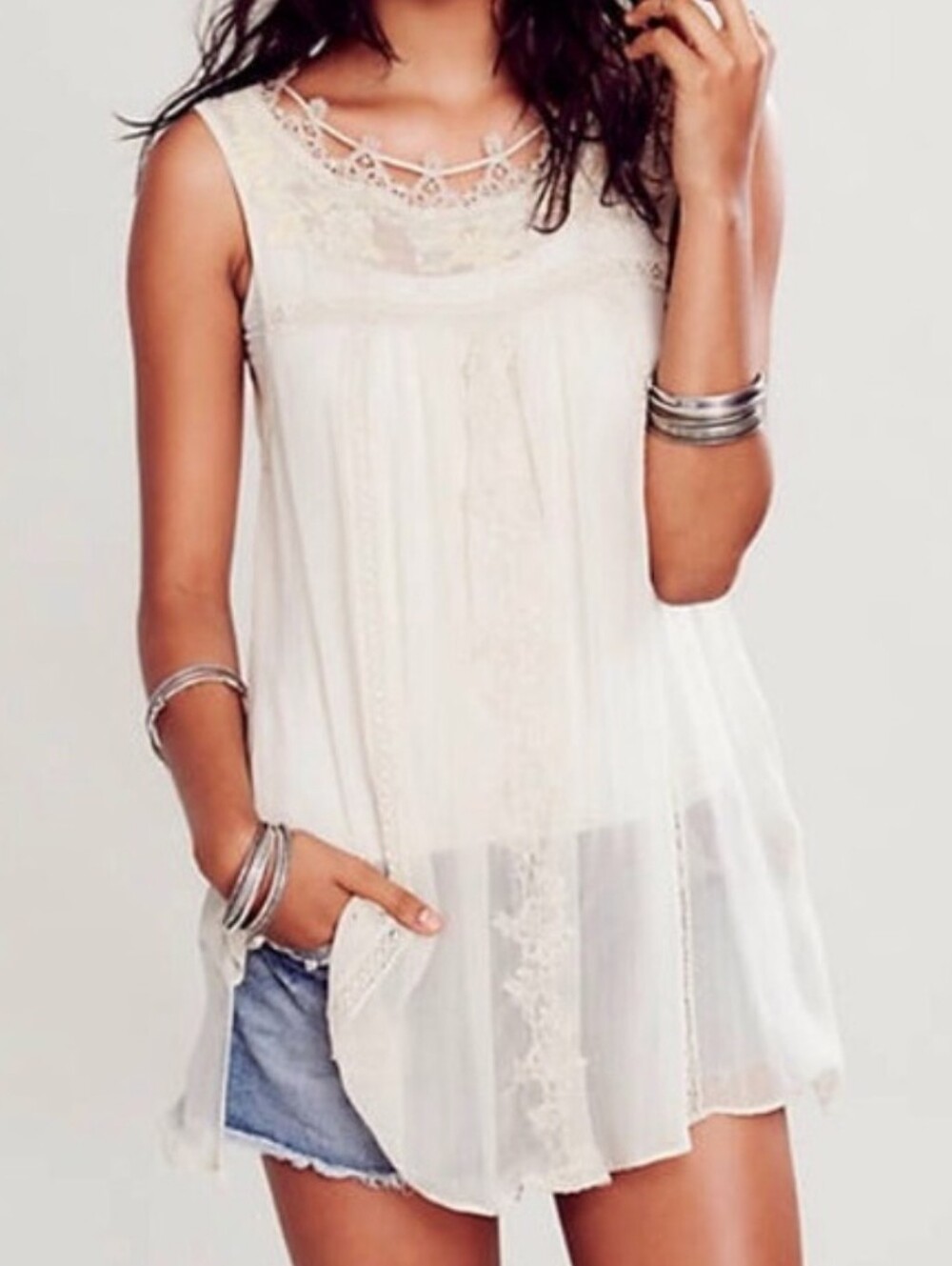 Free People Boho Sheer Fairycore Cream Lace Tunic Top Mini Dress Embroidered